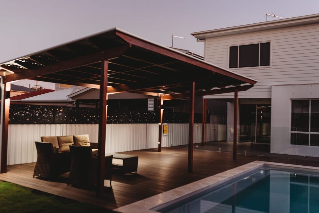 Evening shot of our custom outdoor deck project in Warde